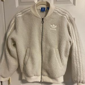 Adidas Originals Jacket Womens White Sherpa Trefoil Fleece Full Zip